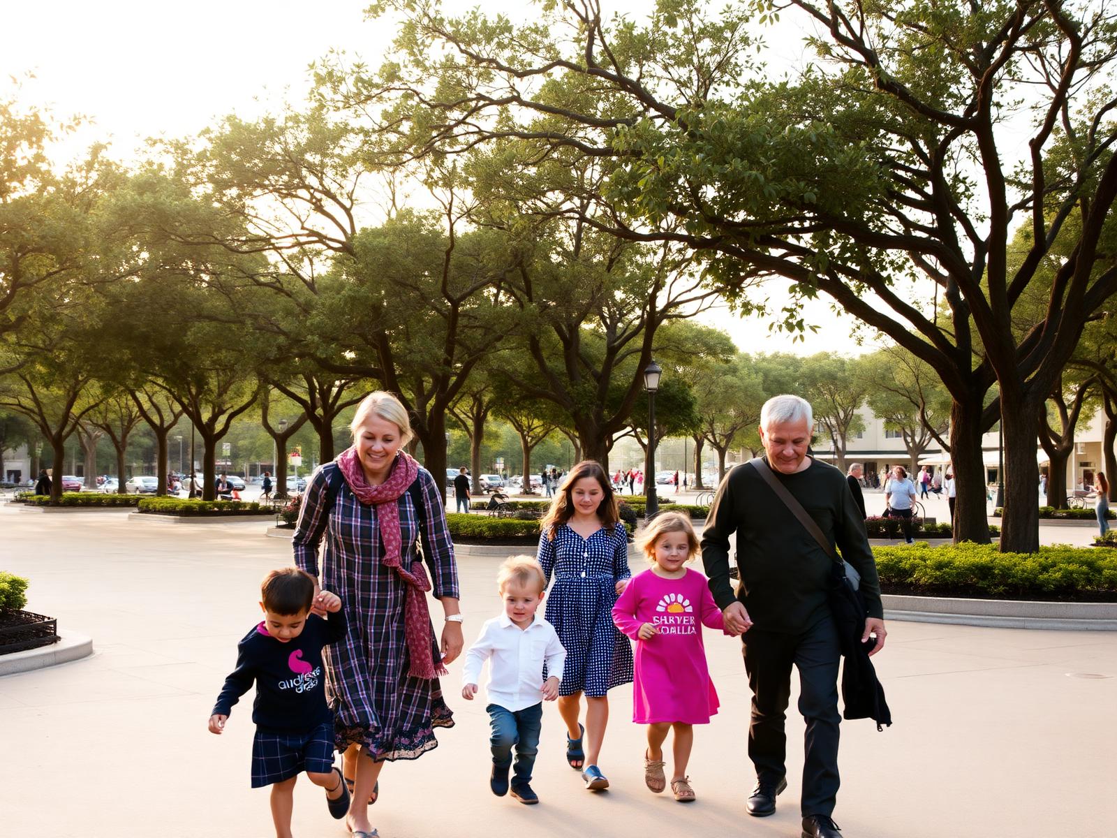 Family walking through tree-lined plaza at EDEN